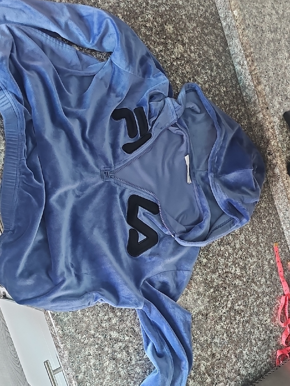 Blue Velour Hoodie with Black Patch Detail